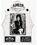 White sleeveless AJG2H hoodie with a monochrome Amy Winehouse portrait, oversized Cerberus and slogan patches, and Gothic AJG2H hood text