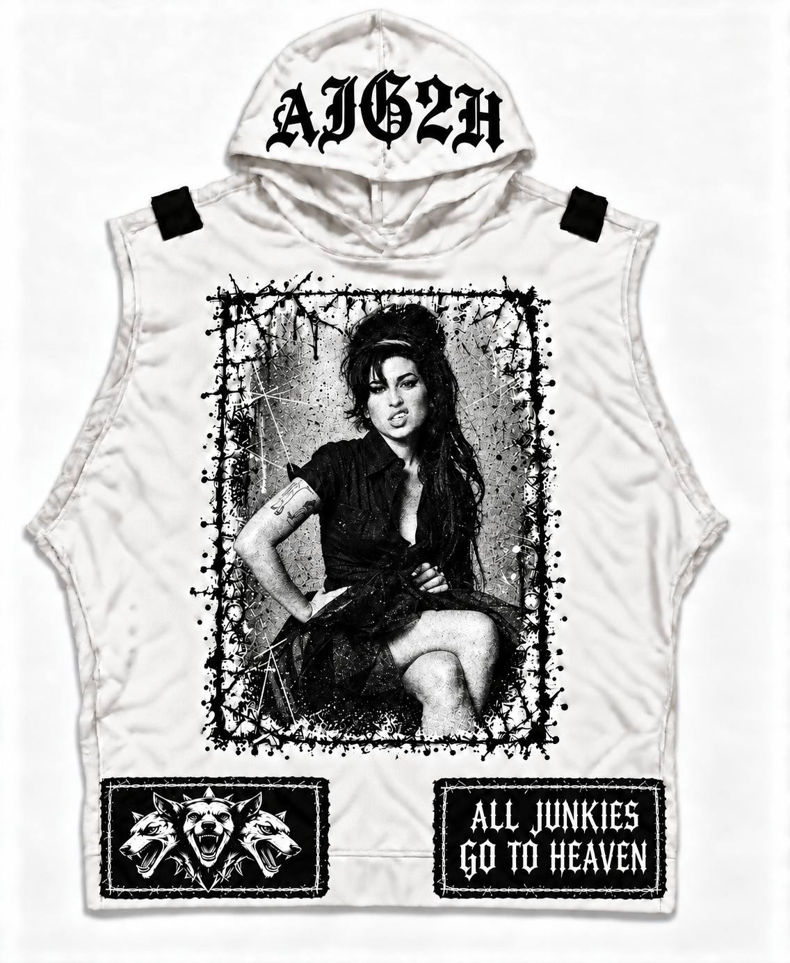White sleeveless AJG2H hoodie with a monochrome Amy Winehouse portrait, oversized Cerberus and slogan patches, and Gothic AJG2H hood text