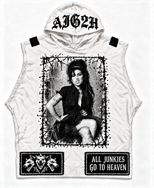 White sleeveless AJG2H hoodie with a monochrome Amy Winehouse portrait, oversized Cerberus and slogan patches, and Gothic AJG2H hood text
