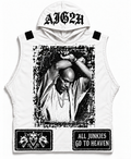 White sleeveless AJG2H hooded vest with distressed monochrome portrait, black Gothic AJG2H hood logo and oversized barbed-wire hem patches