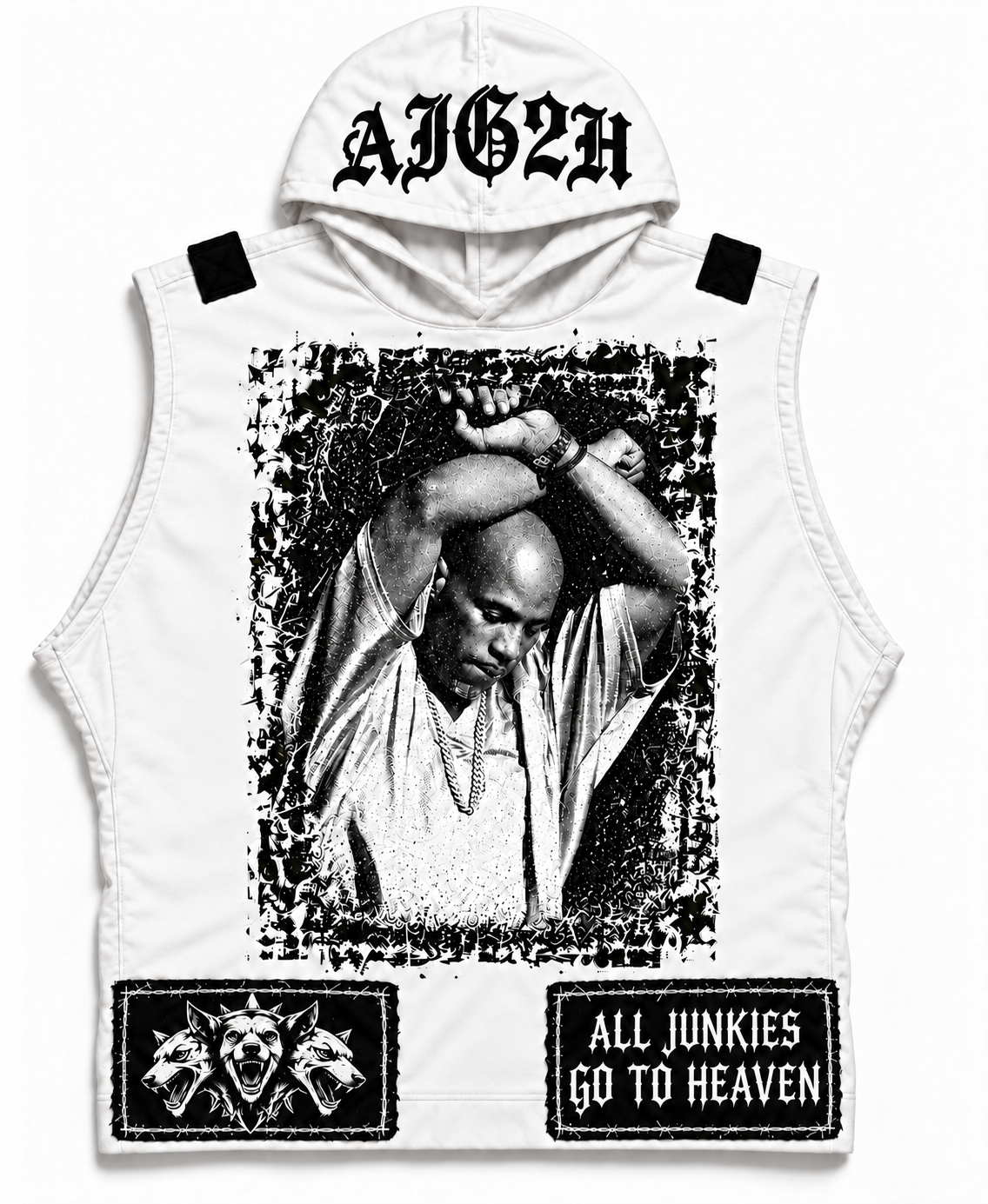White sleeveless AJG2H hooded vest with distressed monochrome portrait, black Gothic AJG2H hood logo and oversized barbed-wire hem patches
