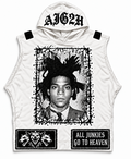 White sleeveless AJG2H hooded vest with monochrome Basquiat portrait, black Gothic AJG2H lettering, and oversized Cerberus and slogan patches