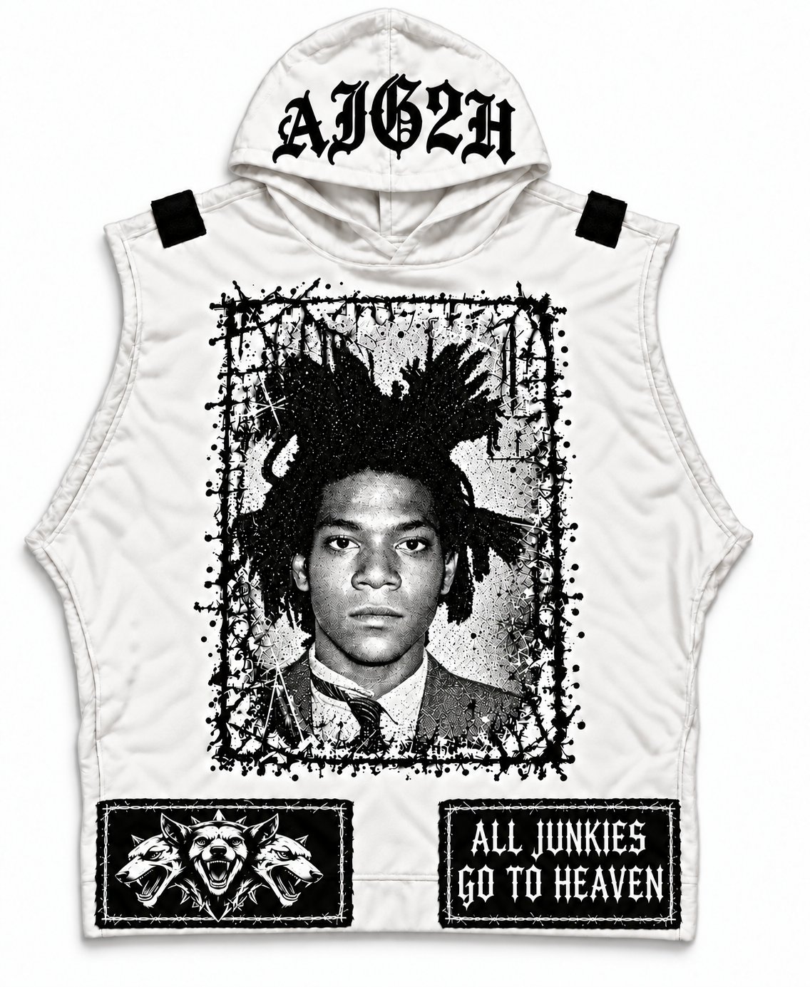 White sleeveless AJG2H hooded vest with monochrome Basquiat portrait, black Gothic AJG2H lettering, and oversized Cerberus and slogan patches