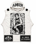 White sleeveless AJG2H hooded vest with a black-and-white portrait of A$AP Yams, gothic hood lettering, and Cerberus and slogan hem patches