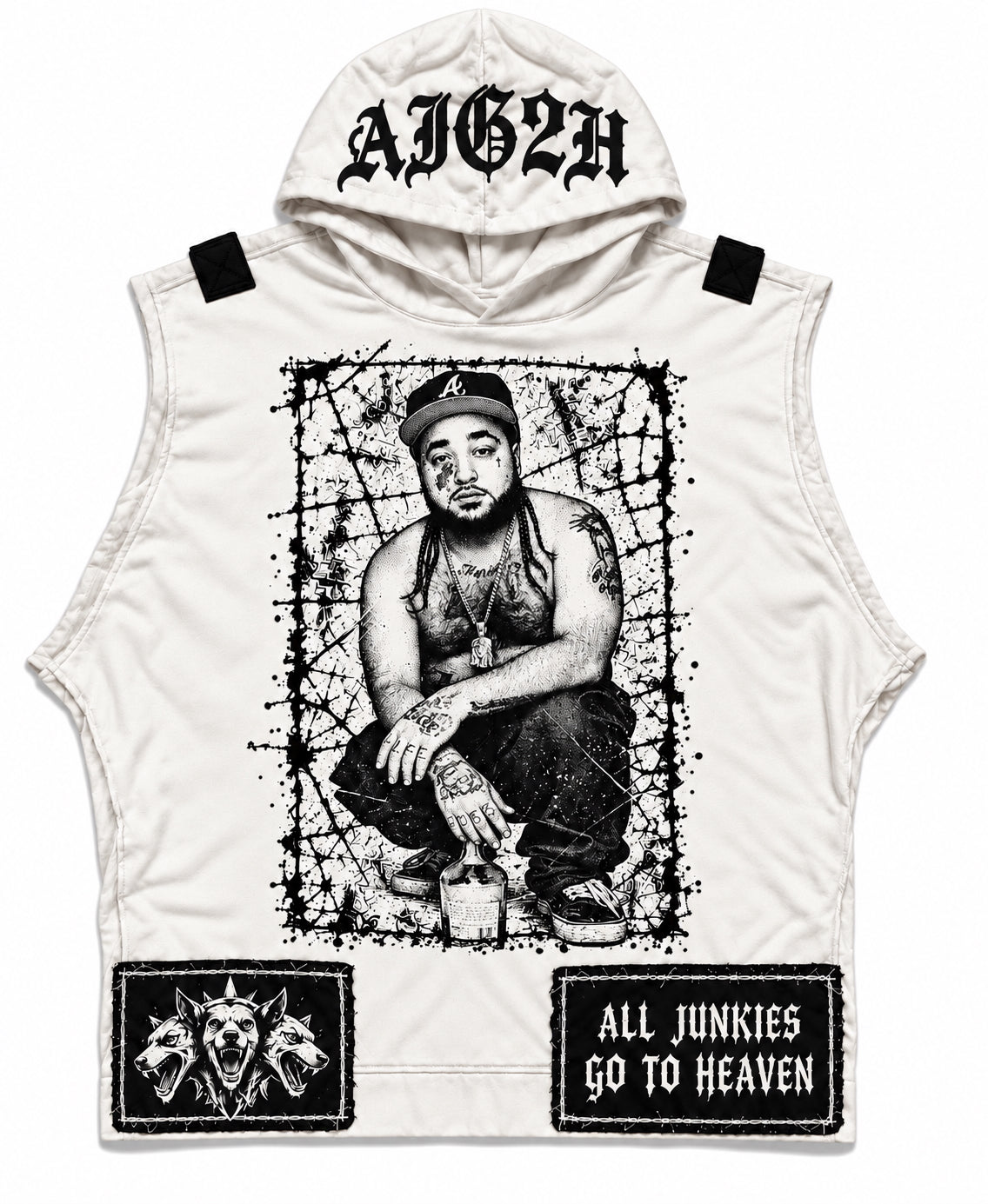 White sleeveless AJG2H hooded vest with a black-and-white portrait of A$AP Yams, gothic hood lettering, and Cerberus and slogan hem patches