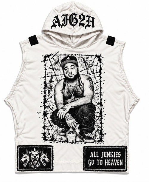 White sleeveless AJG2H hooded vest with a black-and-white portrait of A$AP Yams, gothic hood lettering, and Cerberus and slogan hem patches