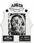 AJG2H Good News white sleeveless hoodie with distressed portrait, oversized gothic hood logo and barbed-wire patches, portrait-format product photo