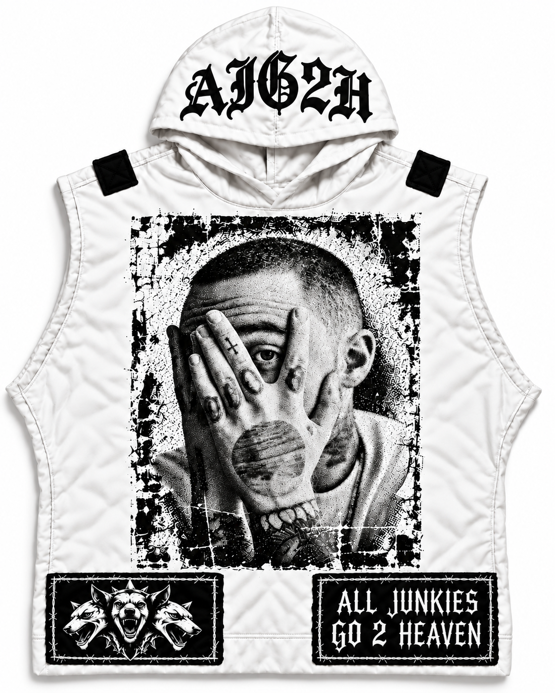 AJG2H Good News white sleeveless hoodie with distressed portrait, oversized gothic hood logo and barbed-wire patches, portrait-format product photo